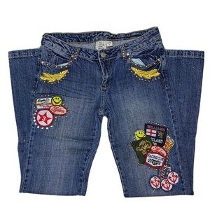 TELL Stretch Denim Works Studded Boot Cut Patched Women’s Jeans Size 7